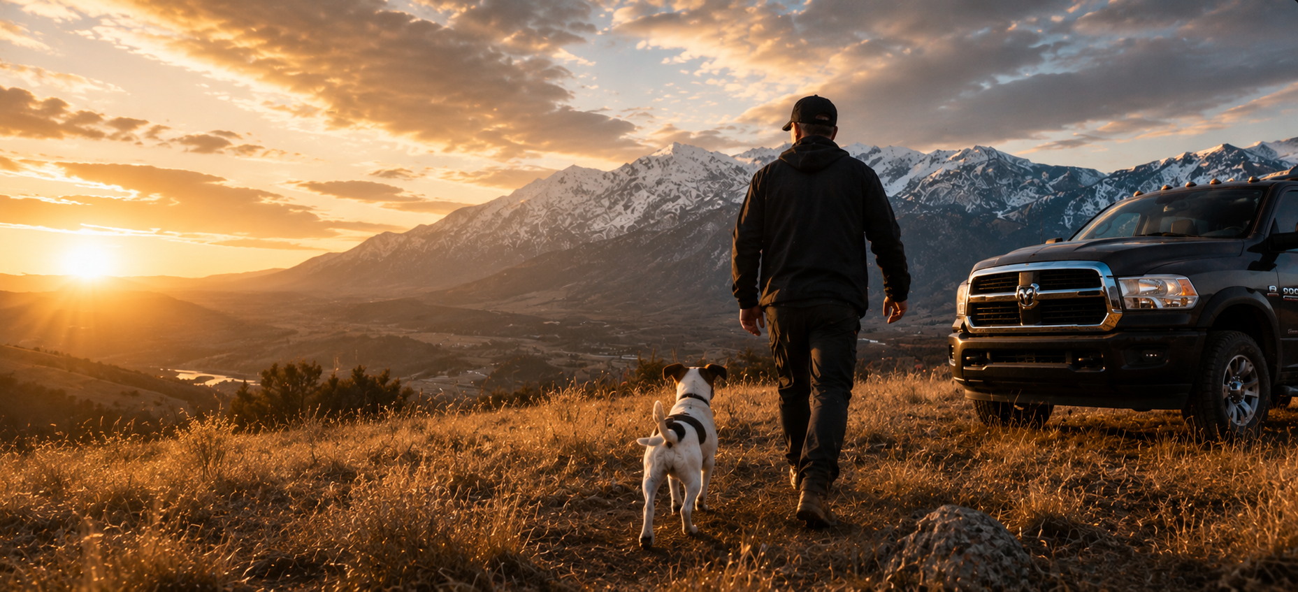 A man and his Jack Russell Terrier walk toward a mountain overlook beside a Ram 2500 truck at sunset, symbolizing new beginnings, freedom, and life after divorce.